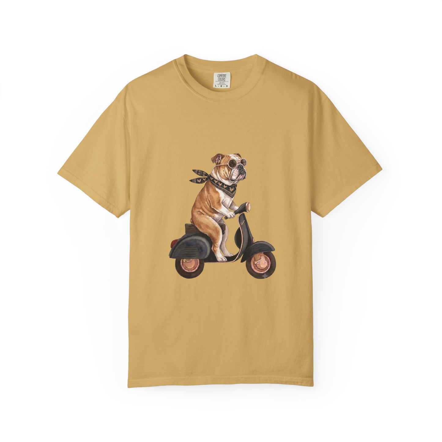 Funny English Bulldog Riding Vintage Scooter T-Shirt - Retro Dog Graphic Tee
