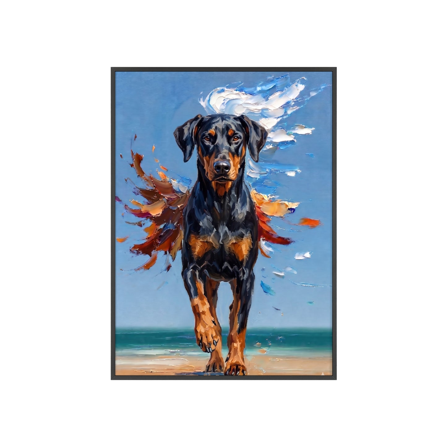 Doberman Beach Day Poster - Dynamic Dog Oil Painting Art