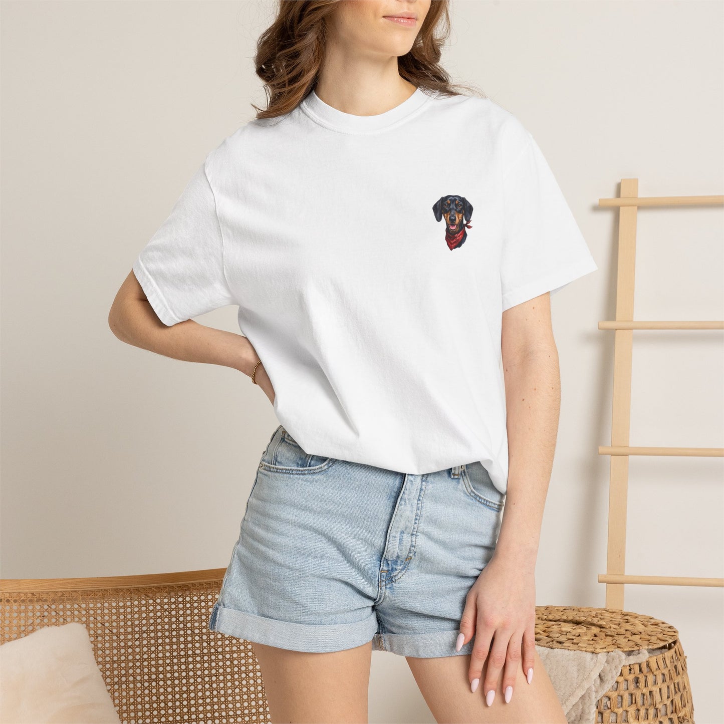 Minimalist Embroidered Dachshund Pocket-Style T-Shirt - Cute Wiener Dog Minimal Tee