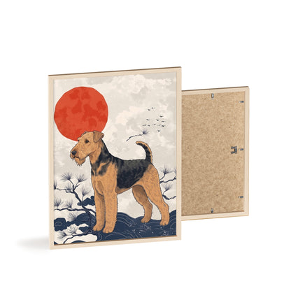 Airedale Terrier Japanese style Art Poster with Wooden Frame — Japanese Sunrise Dog Wall Art