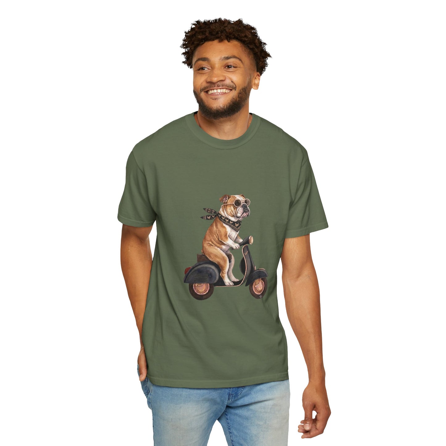 Funny English Bulldog Riding Vintage Scooter T-Shirt - Retro Dog Graphic Tee