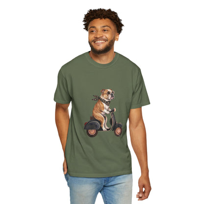 Funny English Bulldog Riding Vintage Scooter T-Shirt - Retro Dog Graphic Tee