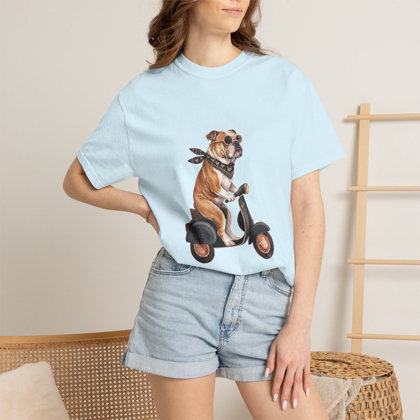 Funny English Bulldog Riding Vintage Scooter T-Shirt - Retro Dog Graphic Tee