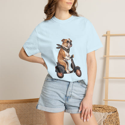 Funny English Bulldog Riding Vintage Scooter T-Shirt - Retro Dog Graphic Tee