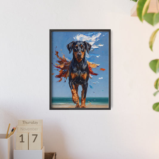 Doberman Beach Day Poster - Dynamic Dog Oil Painting Art