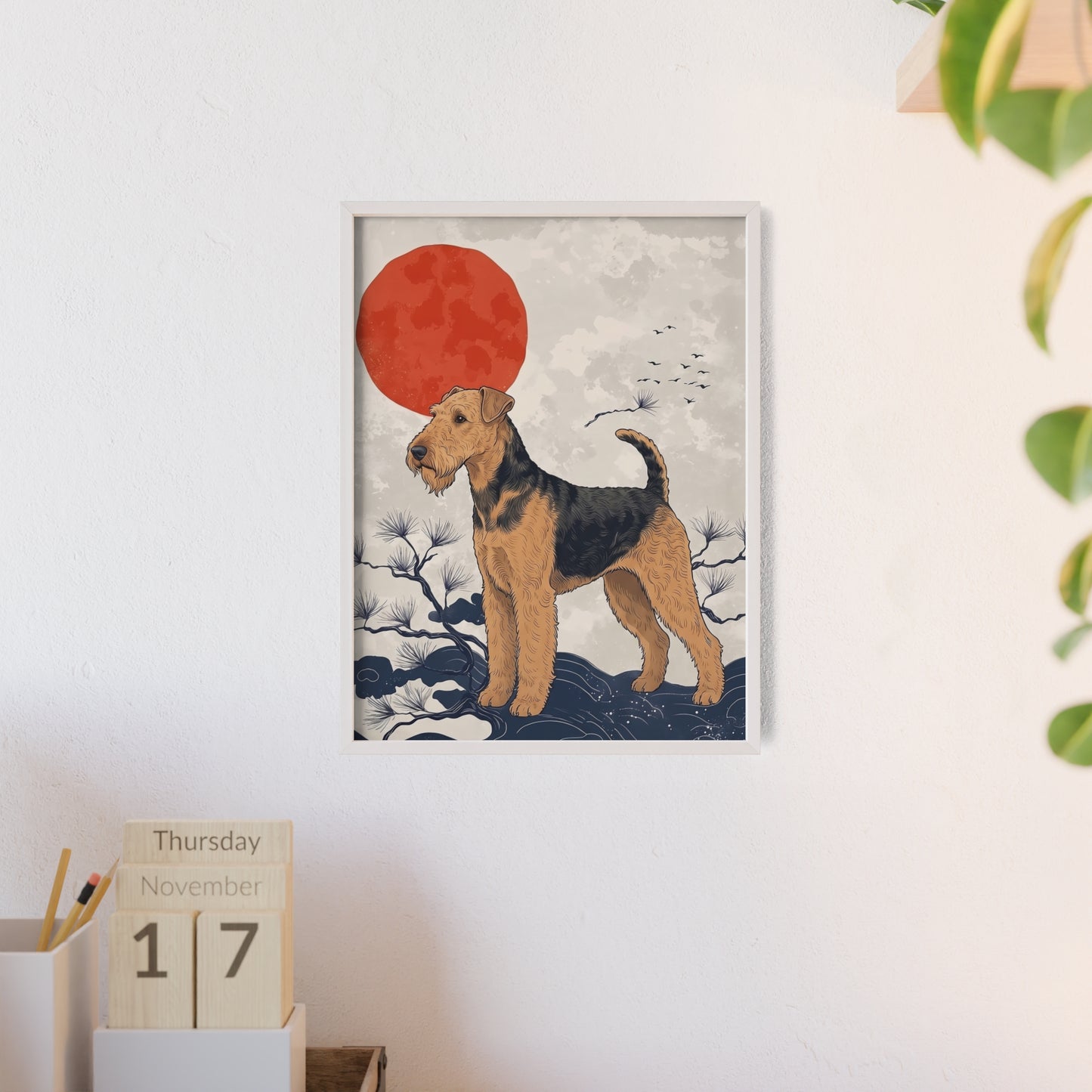 Airedale Terrier Japanese style Art Poster with Wooden Frame — Japanese Sunrise Dog Wall Art