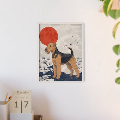 Airedale Terrier Japanese style Art Poster with Wooden Frame — Japanese Sunrise Dog Wall Art
