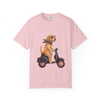 Golden Retriever Riding Vintage Scooter T-Shirt - Cool Dog Lover Tee
