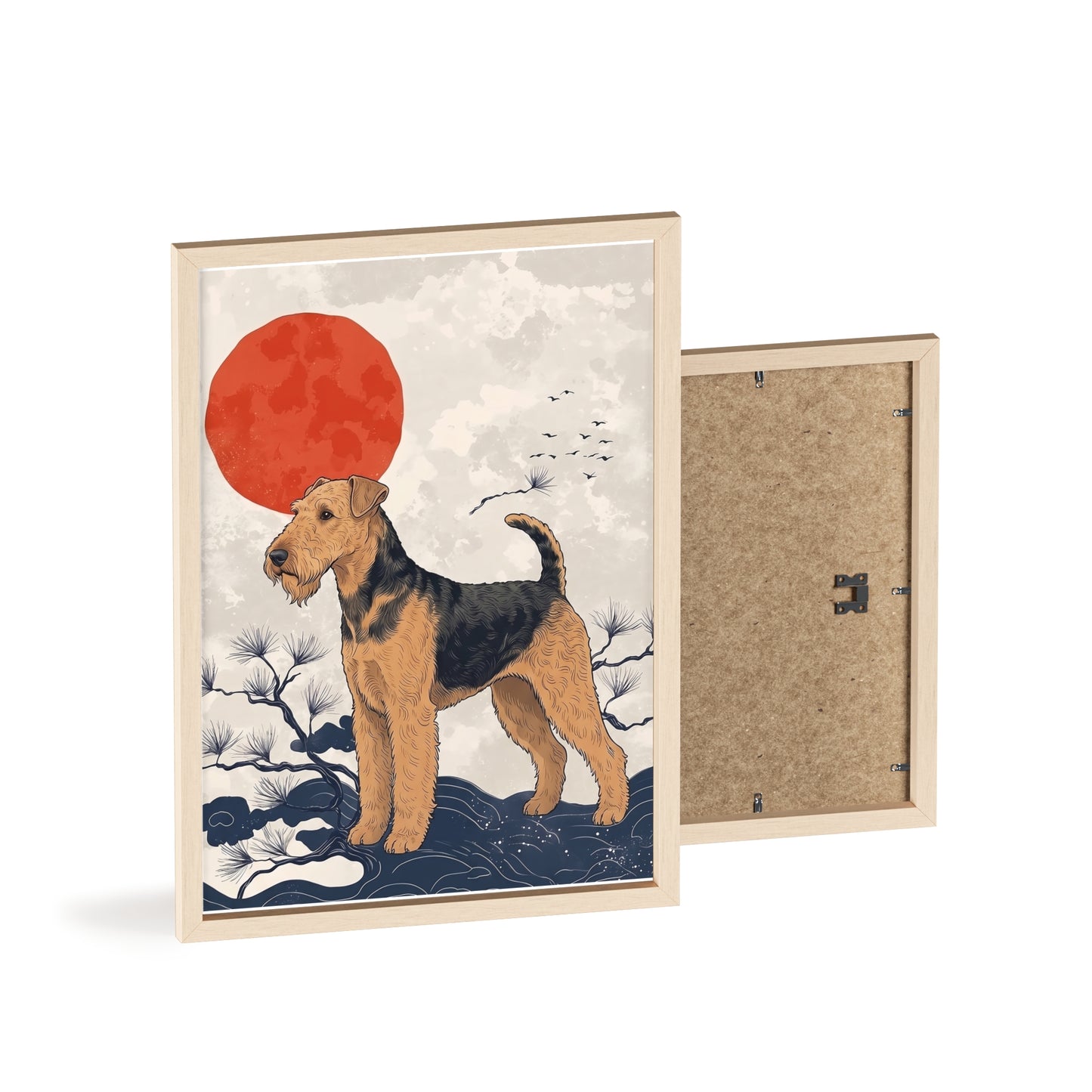 Airedale Terrier Japanese style Art Poster with Wooden Frame — Japanese Sunrise Dog Wall Art