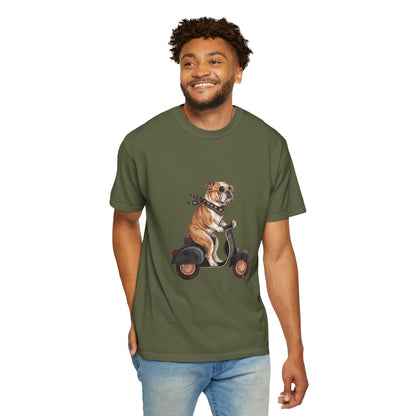 Funny English Bulldog Riding Vintage Scooter T-Shirt - Retro Dog Graphic Tee