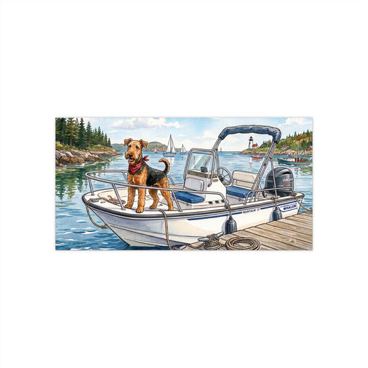 Airedale Terrier Boat Dog Bumper Sticker — Cute Airedale on Waterfront Dock 7.5"x3.75"