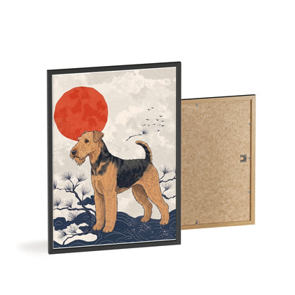 Airedale Terrier Japanese style Art Poster with Wooden Frame — Japanese Sunrise Dog Wall Art