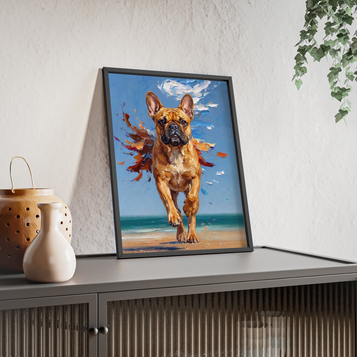 French Bulldog Beach Day Poster - Dynamic Dog Oil Painting Art