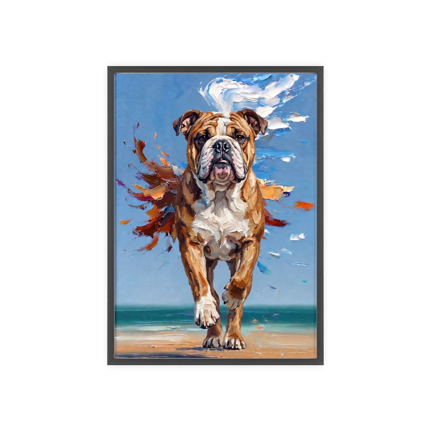Dynamic English Bulldog Beach Impasto Painting Framed Poster
