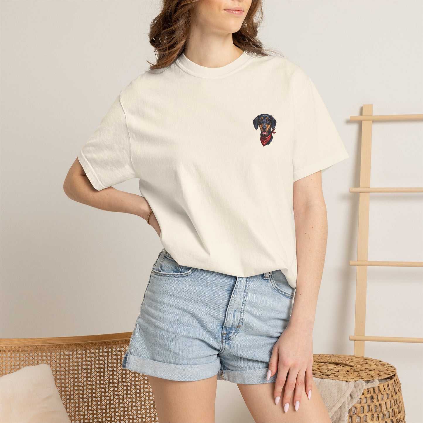 Minimalist Embroidered Dachshund Pocket-Style T-Shirt - Cute Wiener Dog Minimal Tee