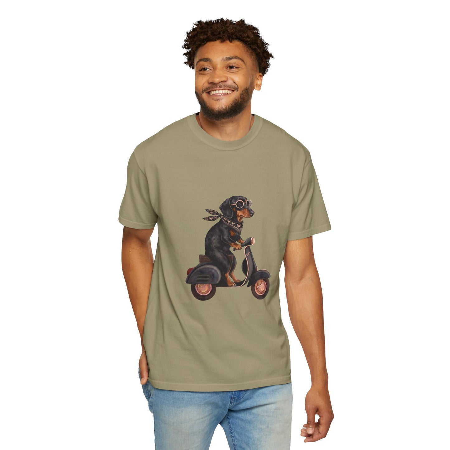 Cool Dachshund Riding a Scooter Graphic T-Shirt - Funny Wiener Dog Adventurer Tee