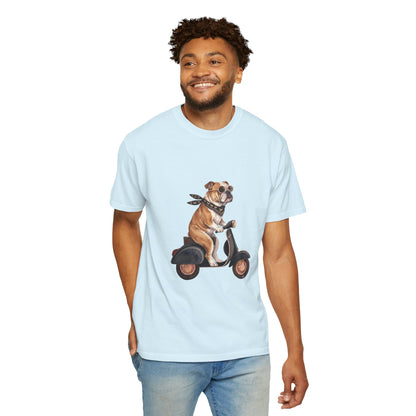 Funny English Bulldog Riding Vintage Scooter T-Shirt - Retro Dog Graphic Tee