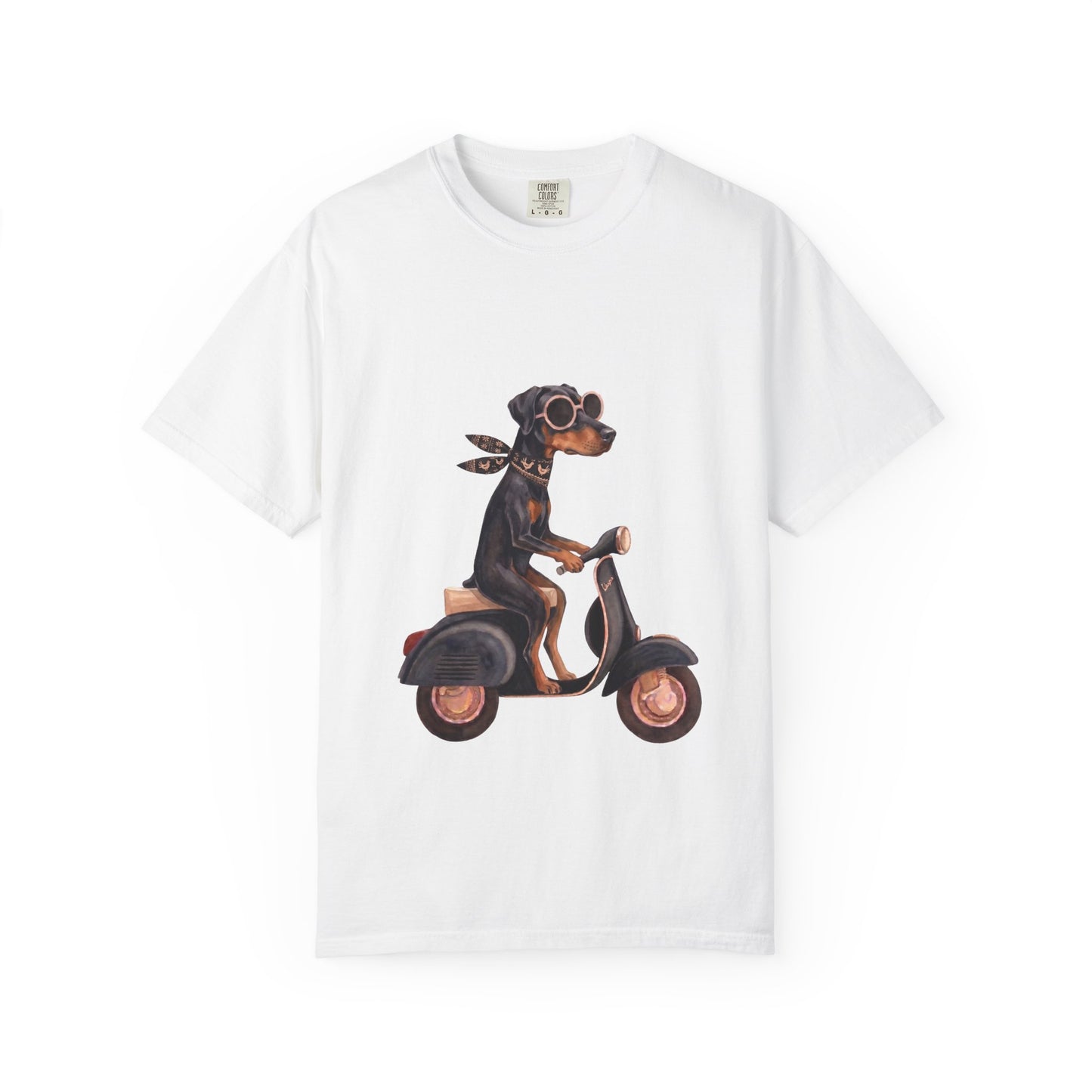 Doberman Pinscher Riding Retro Scooter Watercolor T-Shirt