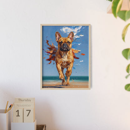 French Bulldog Beach Day Poster - Dynamic Dog Oil Painting Art