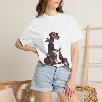 Doberman Pinscher Riding Retro Scooter Watercolor T-Shirt