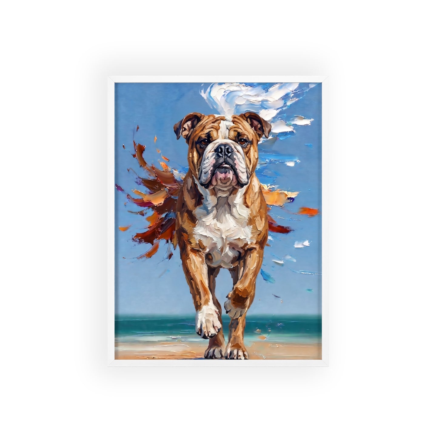 Dynamic English Bulldog Beach Impasto Painting Framed Poster