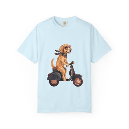 Golden Retriever Riding Vintage Scooter T-Shirt - Cool Dog Lover Tee