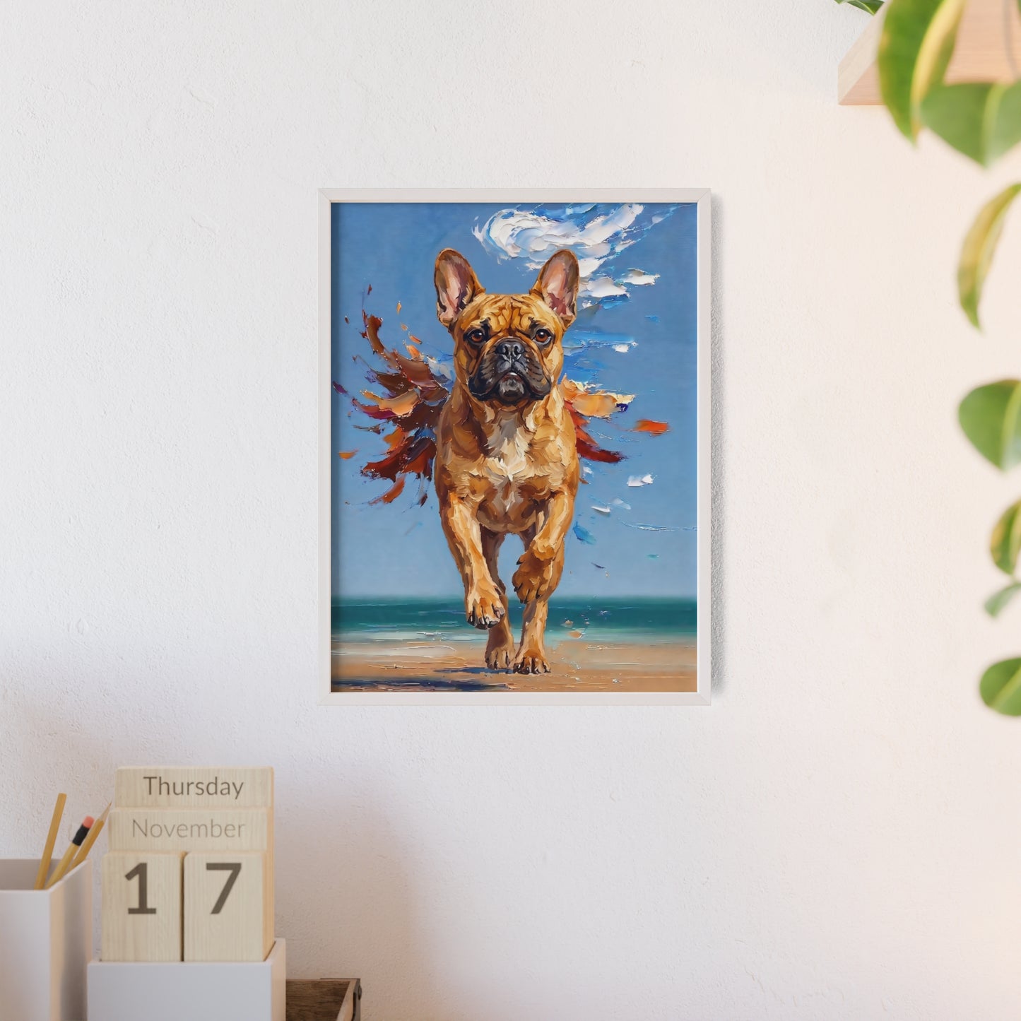 French Bulldog Beach Day Poster - Dynamic Dog Oil Painting Art