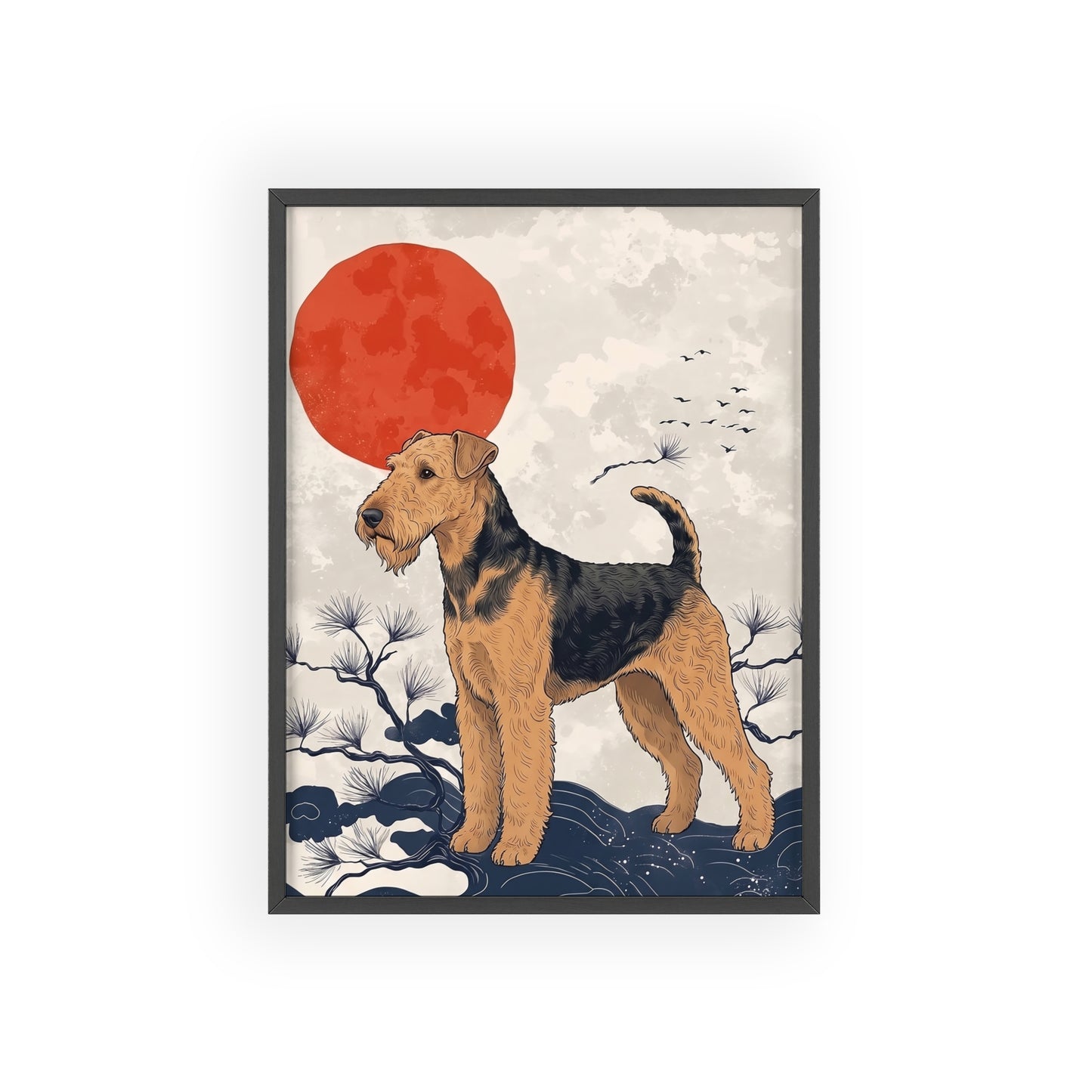 Airedale Terrier Japanese style Art Poster with Wooden Frame — Japanese Sunrise Dog Wall Art