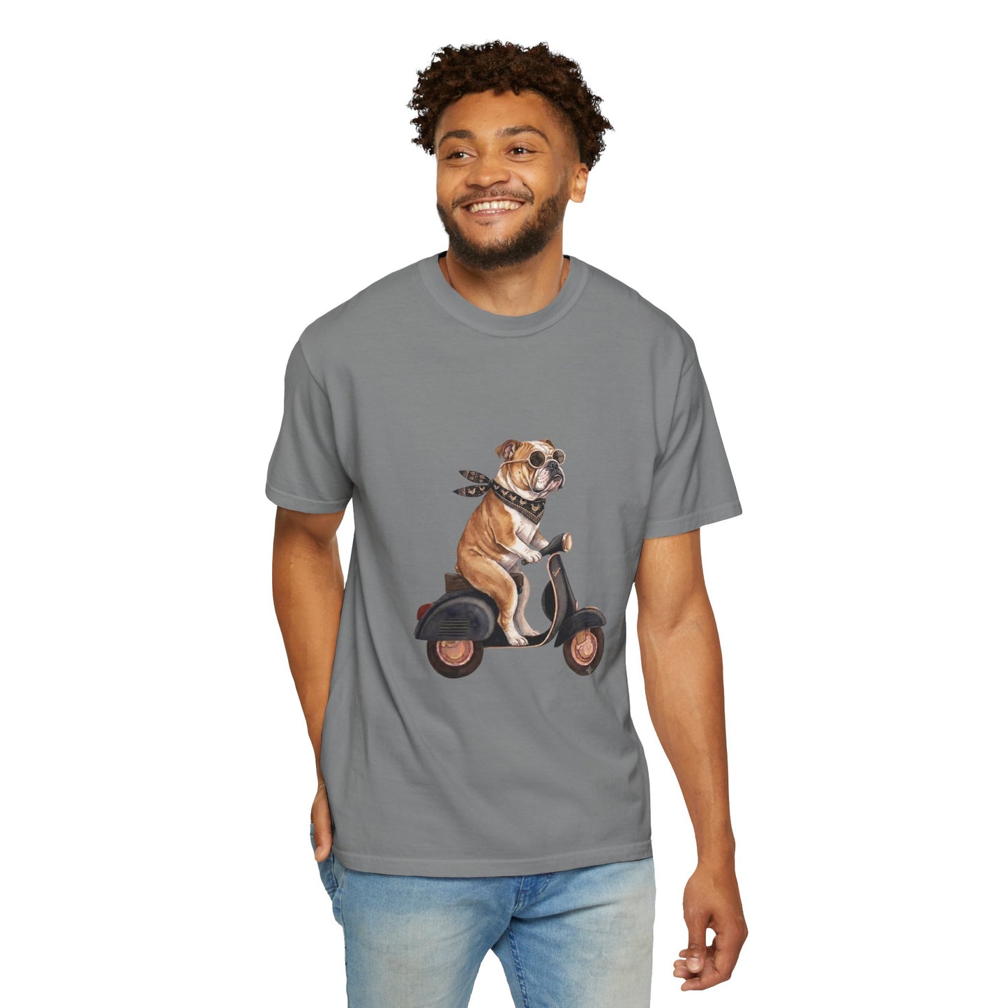 Funny English Bulldog Riding Vintage Scooter T-Shirt - Retro Dog Graphic Tee