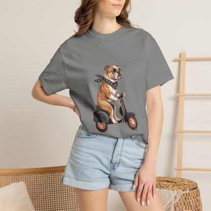 Funny English Bulldog Riding Vintage Scooter T-Shirt - Retro Dog Graphic Tee