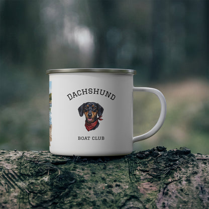 Dachshund on Boat Camping Mug - Coastal Wiener Dog Watercolor Enamel Mug