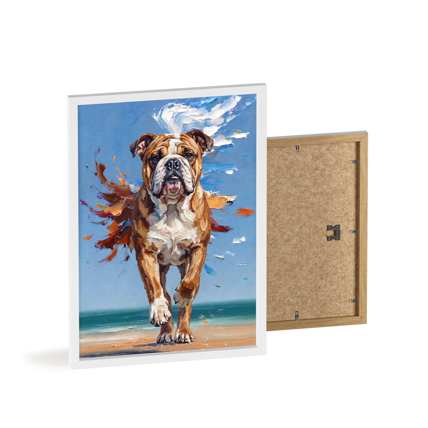 Dynamic English Bulldog Beach Impasto Painting Framed Poster