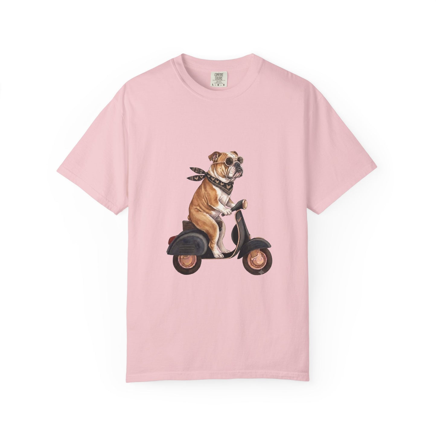 Funny English Bulldog Riding Vintage Scooter T-Shirt - Retro Dog Graphic Tee
