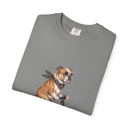 Funny English Bulldog Riding Vintage Scooter T-Shirt - Retro Dog Graphic Tee