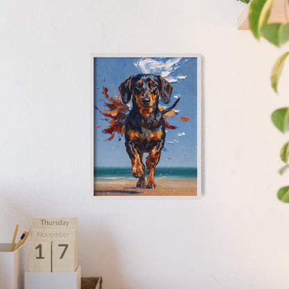 Impressive Running Dachshund Oil Painting Poster - Energetic Wiener Dog Wall Art