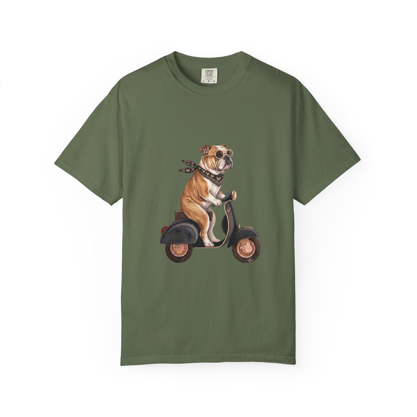Funny English Bulldog Riding Vintage Scooter T-Shirt - Retro Dog Graphic Tee