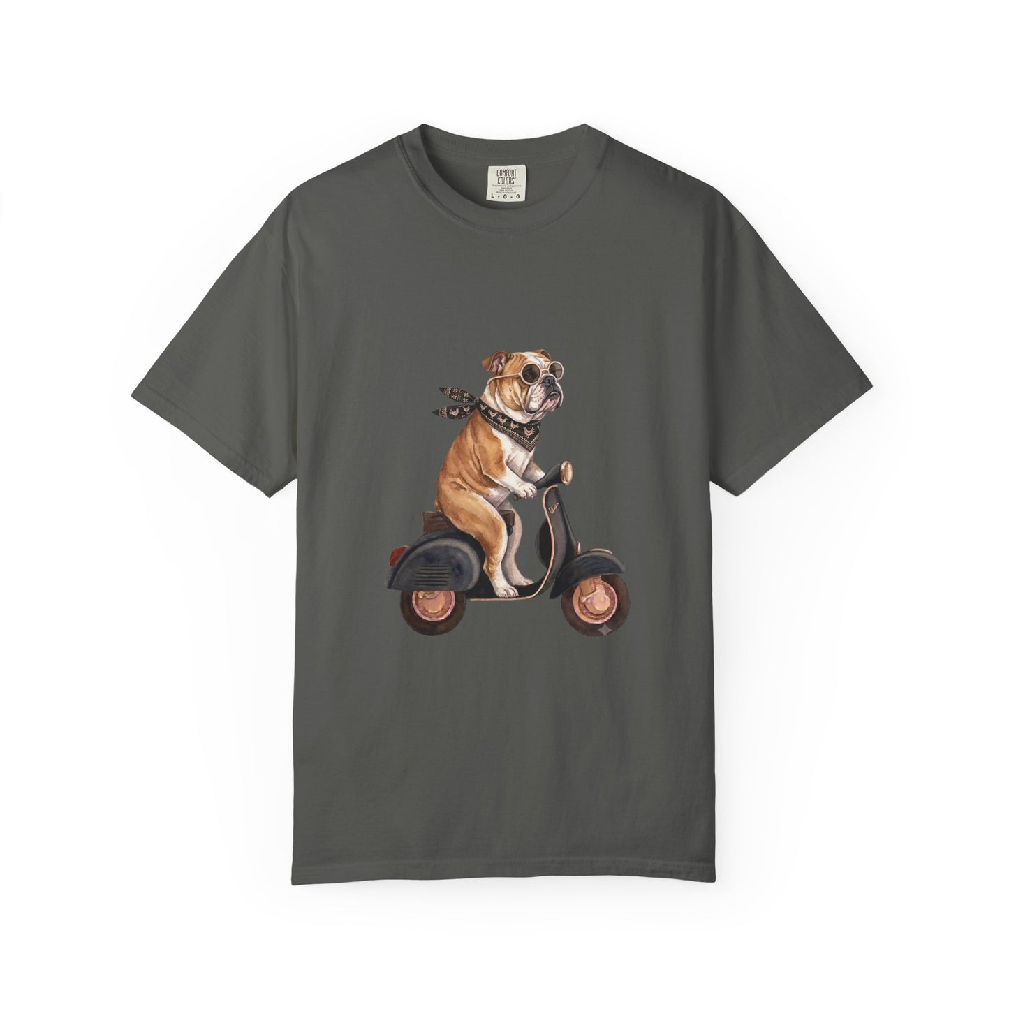 Funny English Bulldog Riding Vintage Scooter T-Shirt - Retro Dog Graphic Tee