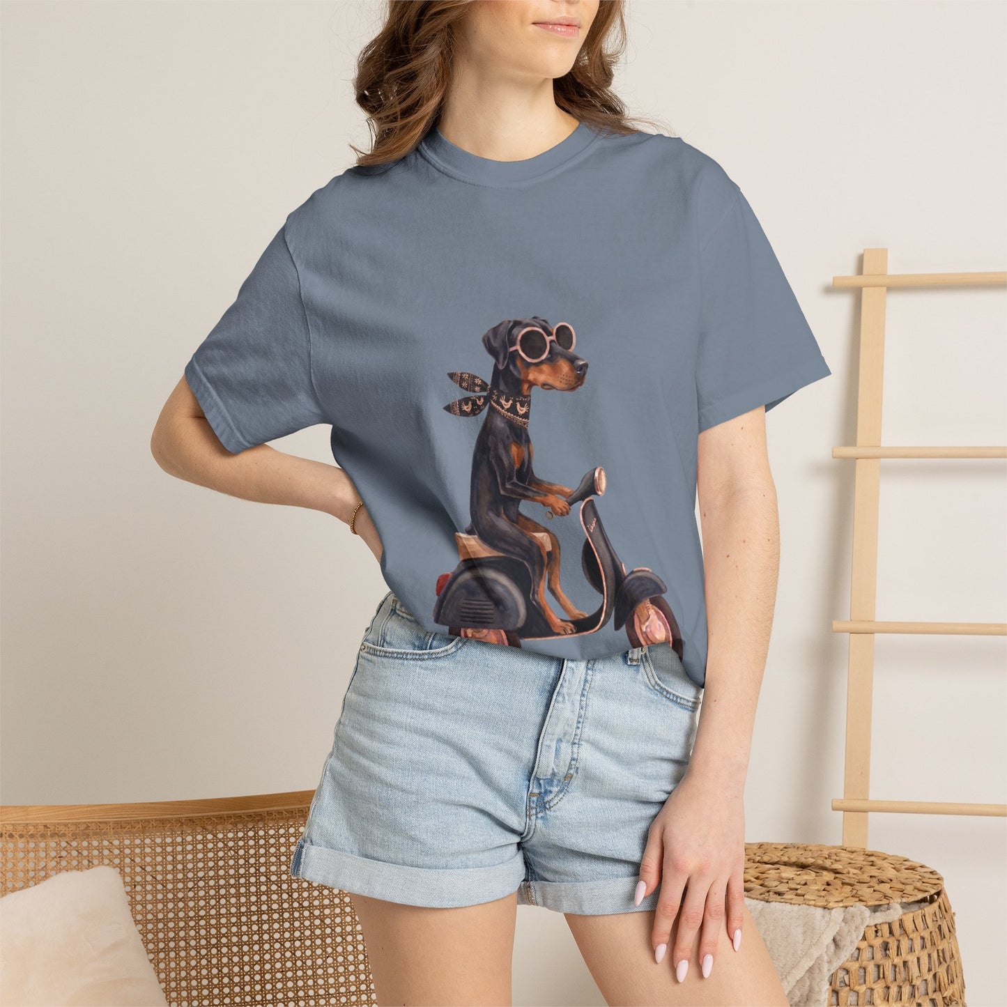 Doberman Pinscher Riding Retro Scooter Watercolor T-Shirt