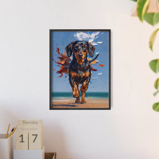 Impressive Running Dachshund Oil Painting Poster - Energetic Wiener Dog Wall Art