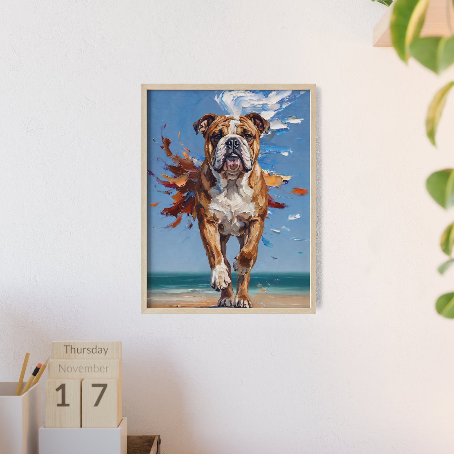 Dynamic English Bulldog Beach Impasto Painting Framed Poster