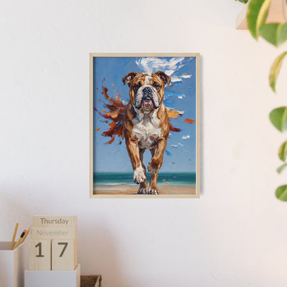 Dynamic English Bulldog Beach Impasto Painting Framed Poster