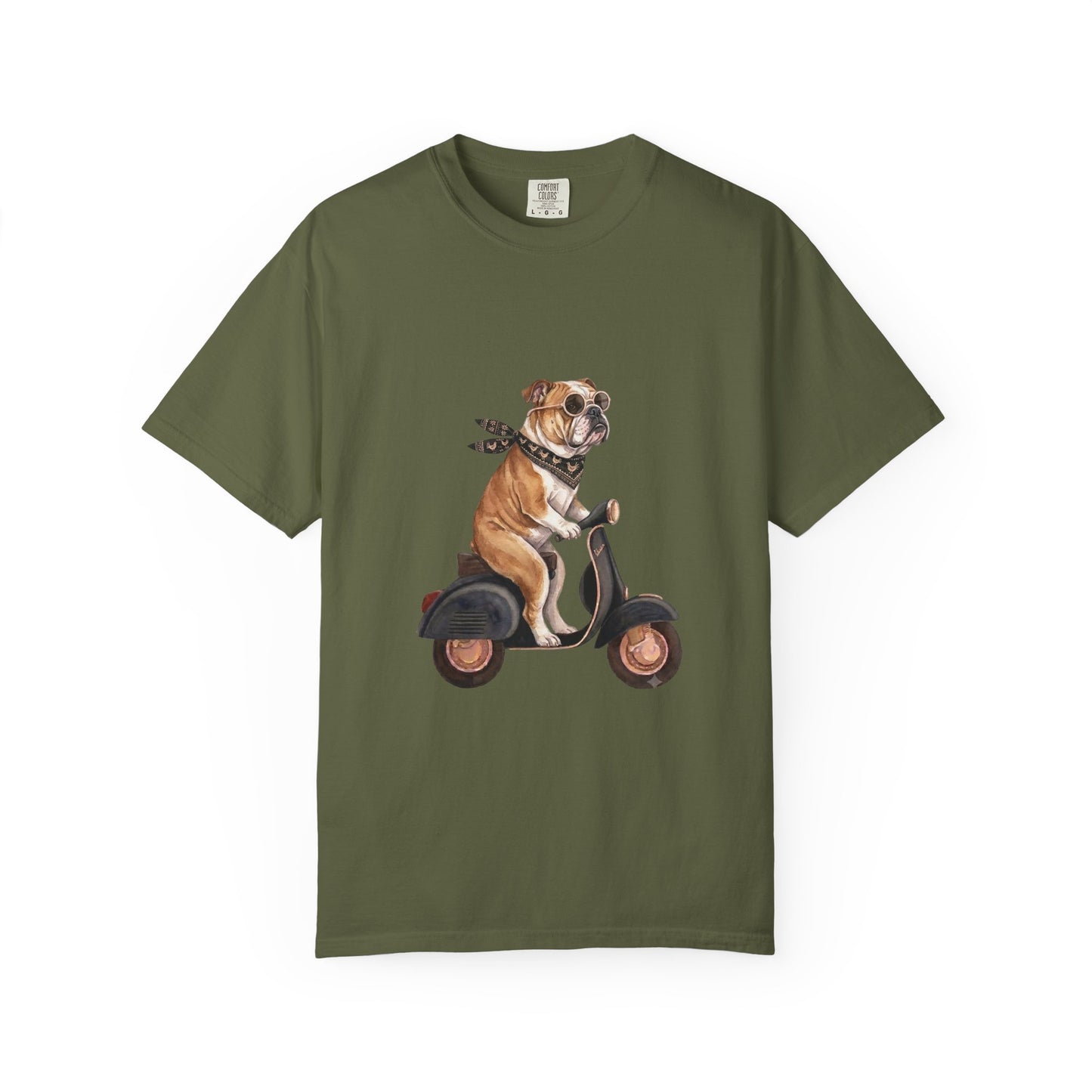 Funny English Bulldog Riding Vintage Scooter T-Shirt - Retro Dog Graphic Tee