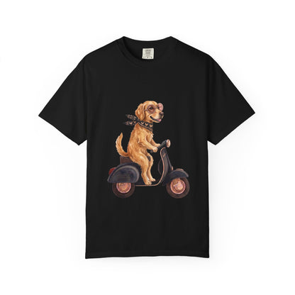 Golden Retriever Riding Vintage Scooter T-Shirt - Cool Dog Lover Tee