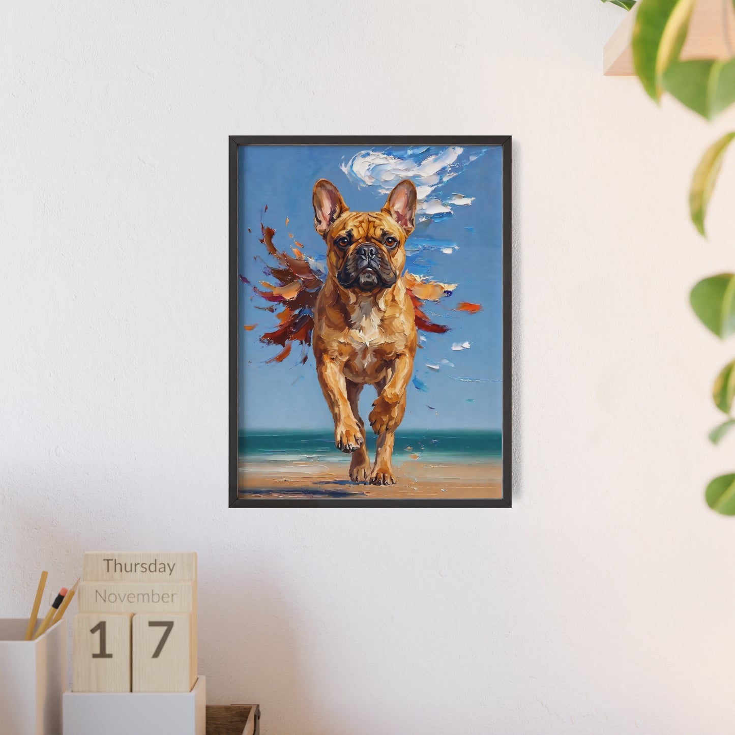 French Bulldog Beach Day Poster - Dynamic Dog Oil Painting Art