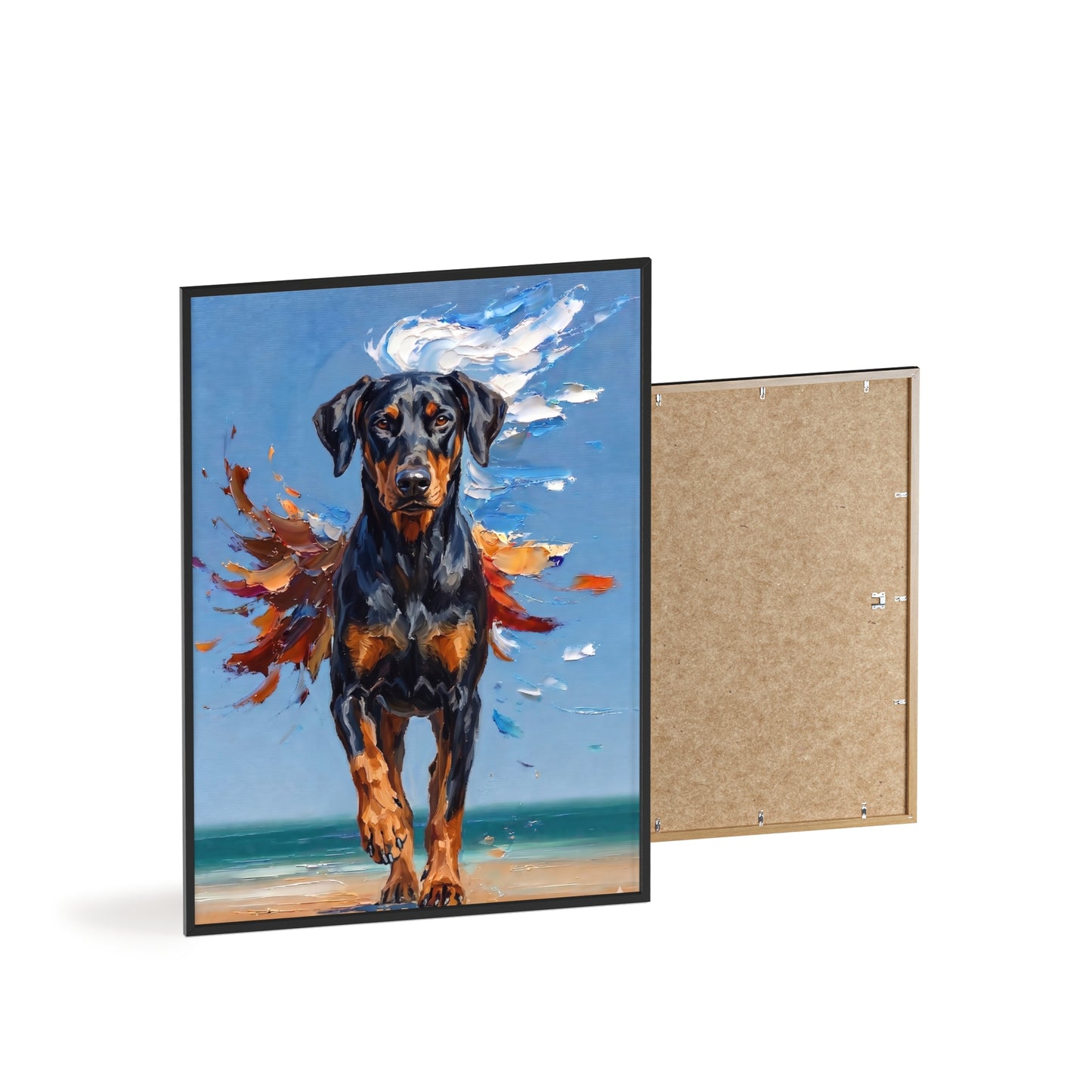 Doberman Beach Day Poster - Dynamic Dog Oil Painting Art