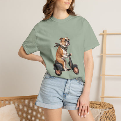 Funny English Bulldog Riding Vintage Scooter T-Shirt - Retro Dog Graphic Tee