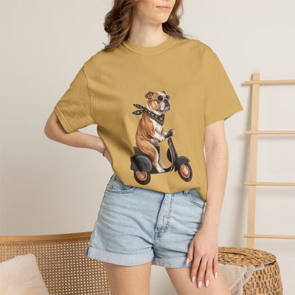 Funny English Bulldog Riding Vintage Scooter T-Shirt - Retro Dog Graphic Tee