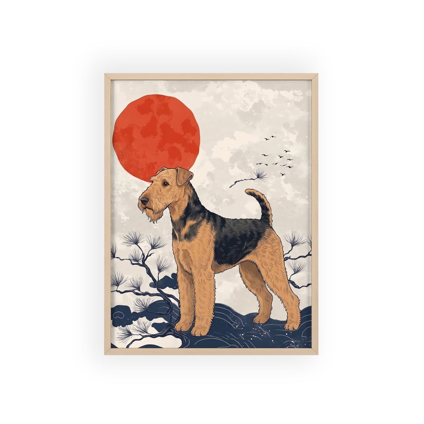 Airedale Terrier Japanese style Art Poster with Wooden Frame — Japanese Sunrise Dog Wall Art
