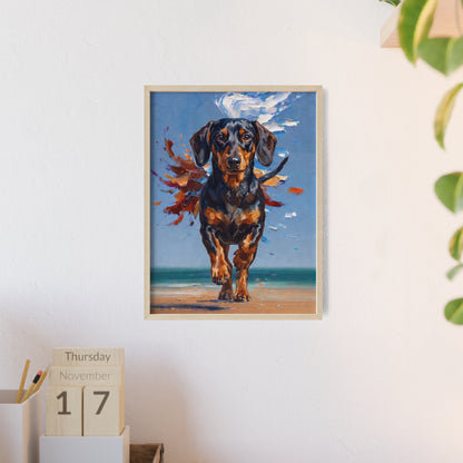 Impressive Running Dachshund Oil Painting Poster - Energetic Wiener Dog Wall Art