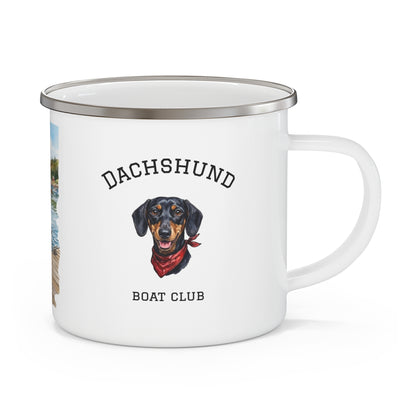 Dachshund on Boat Camping Mug - Coastal Wiener Dog Watercolor Enamel Mug